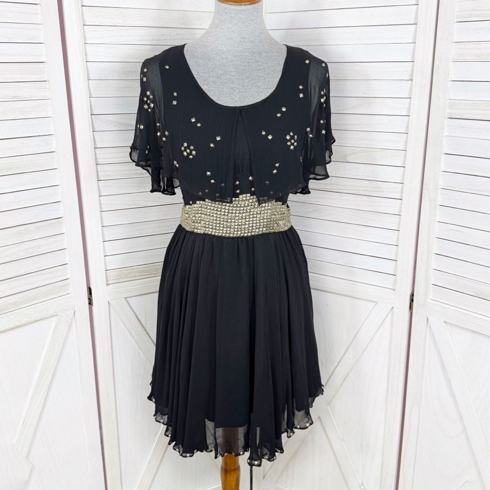 Kate Moss x Topshop Studded Chiffon Cape Top Mini Dress Black Silver 6‎